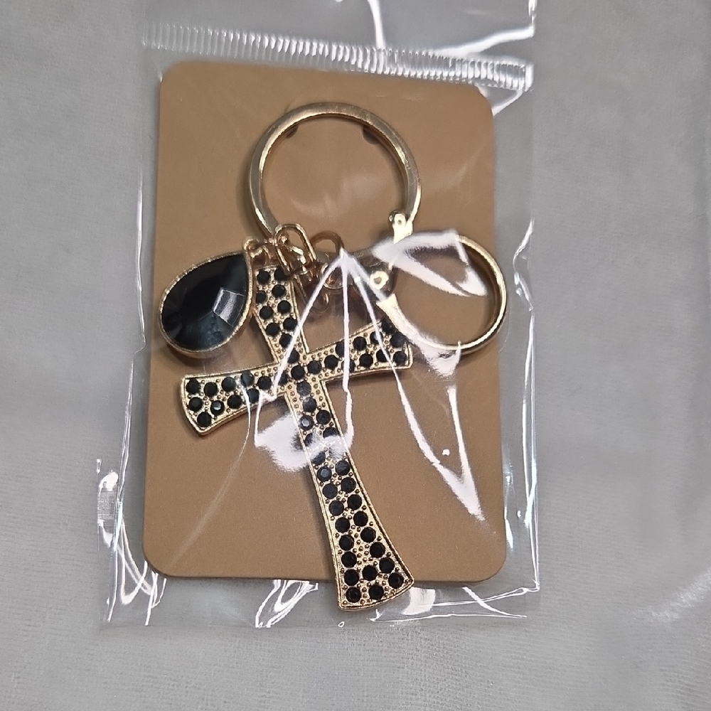 Ladies Black Cross Keychain Bag Charm Purse Charm Rhinestones Crystals Key Ring